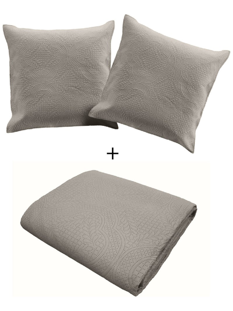 Couvre-Lit Matelassé et 2 Taies d'Oreiller Romane Gris - Kiabi