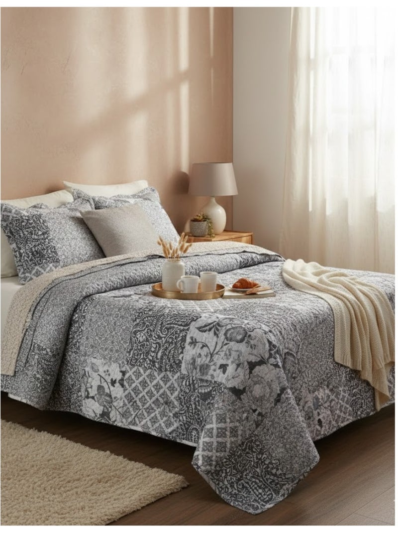 Couvre lit + taies floral octavie Gris clair - Kiabi