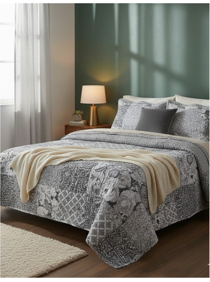Couvre lit + taies floral octavie Gris clair - Kiabi