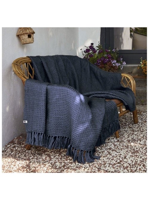 Couvre-lit texturé à franges en fibres recyclées RPET — Gabin - Kiabi