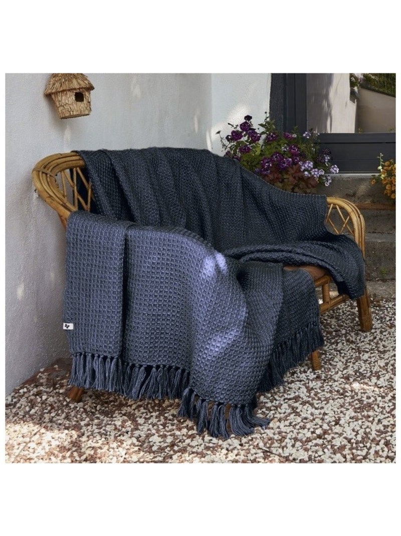 Couvre-lit texturé à franges en fibres recyclées RPET — Gabin Bleu foncé - Kiabi