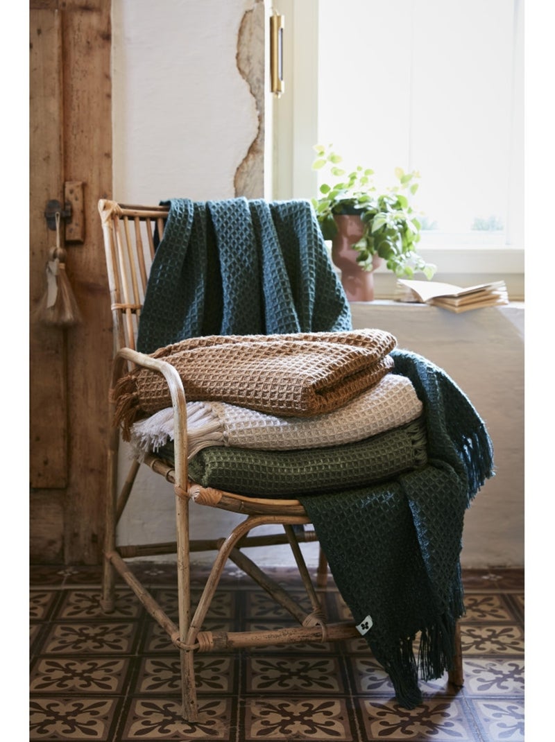 Couvre-lit texturé à franges en fibres recyclées RPET — Gabin Bleu foncé - Kiabi