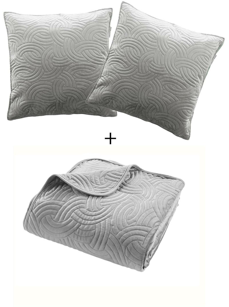 Couvre-lit Velours Uni Solange - Beige + 2 housses de coussins 60x60 cm Gris - Kiabi