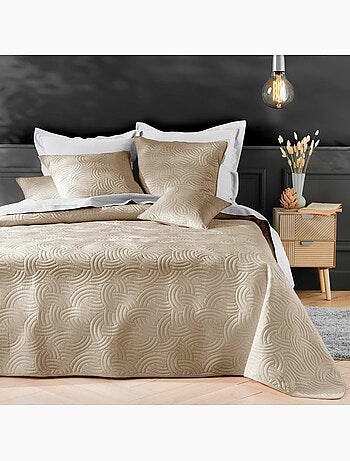 Couvre-lit Velours Uni Solange - Beige + 2 housses de coussins 60x60 cm