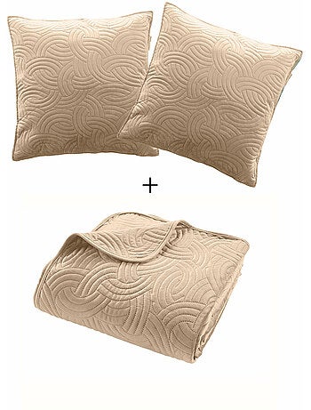 Couvre-lit Velours Uni Solange - Beige + 2 housses de coussins 60x60 cm