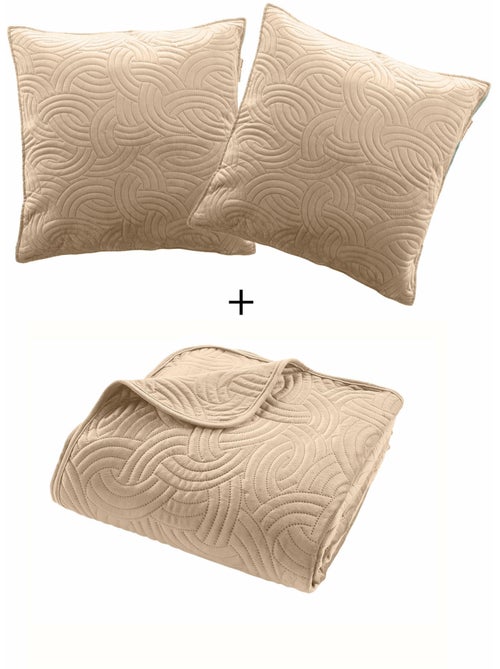 Couvre-lit Velours Uni Solange - Beige + 2 housses de coussins 60x60 cm - Kiabi