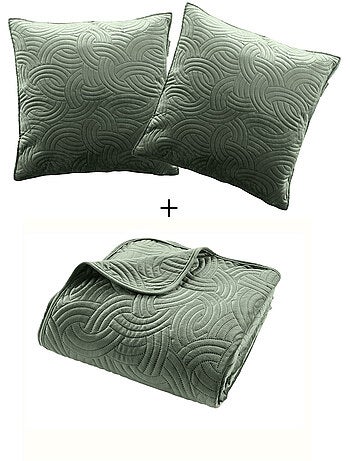 Couvre-lit Velours Uni Solange - Beige + 2 housses de coussins 60x60 cm