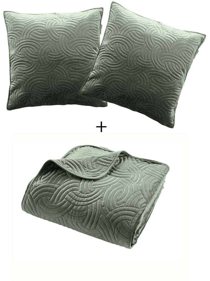 Couvre-lit Velours Uni Solange - Beige + 2 housses de coussins 60x60 cm Vert cèdre - Kiabi