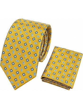Cravate et pochette assortie en soie neo jaune