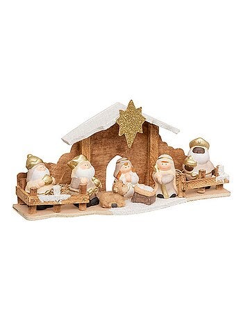 Crèche de Noël 7 santons en grès et bois