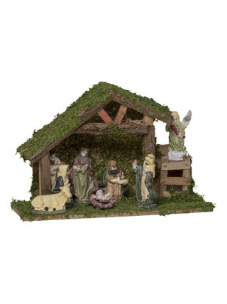 Crèche de Noël en bois et ses 8 santons en porcelaine