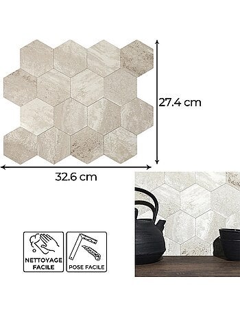 Crédence adhésive hexagonale effet Travertin - 32,6 x 27,4 cm - Beige