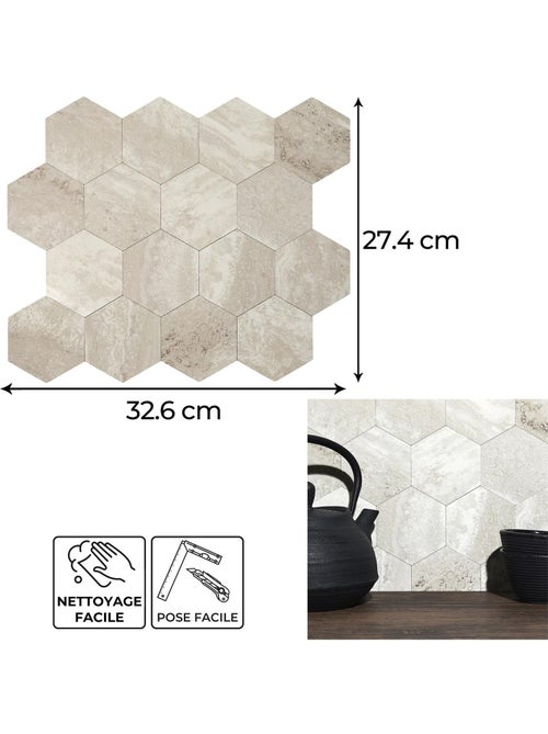 Crédence adhésive hexagonale effet Travertin - 32,6 x 27,4 cm - Beige - Kiabi
