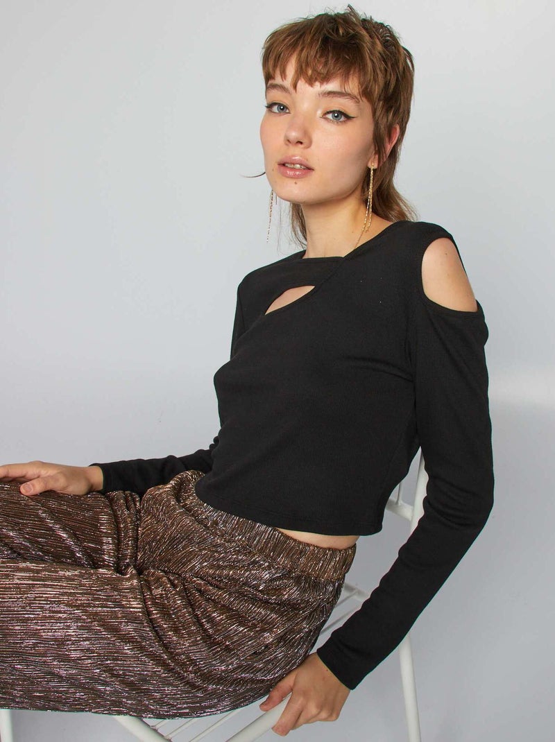 Crop top à manches longues avec ouvertures noir - Kiabi