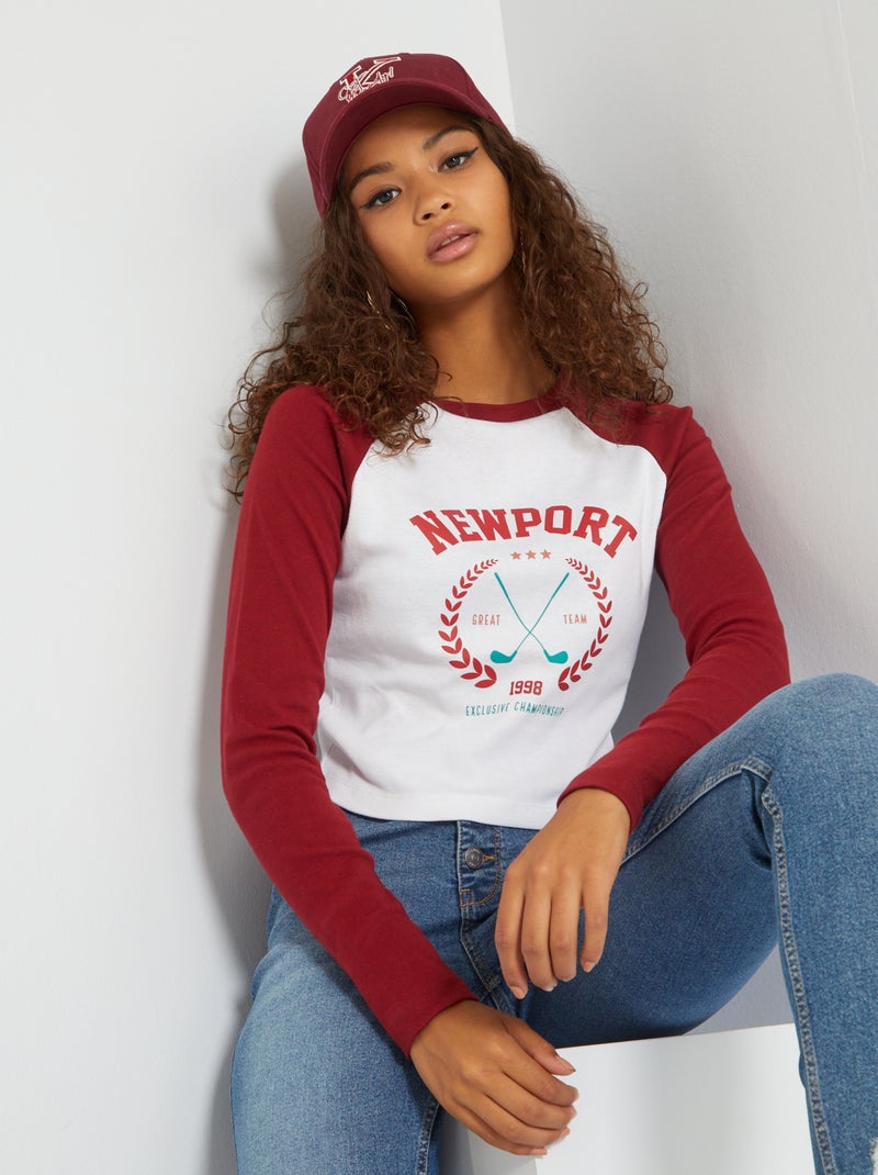 Crop-top à manches raglans Blanc/rouge - Kiabi