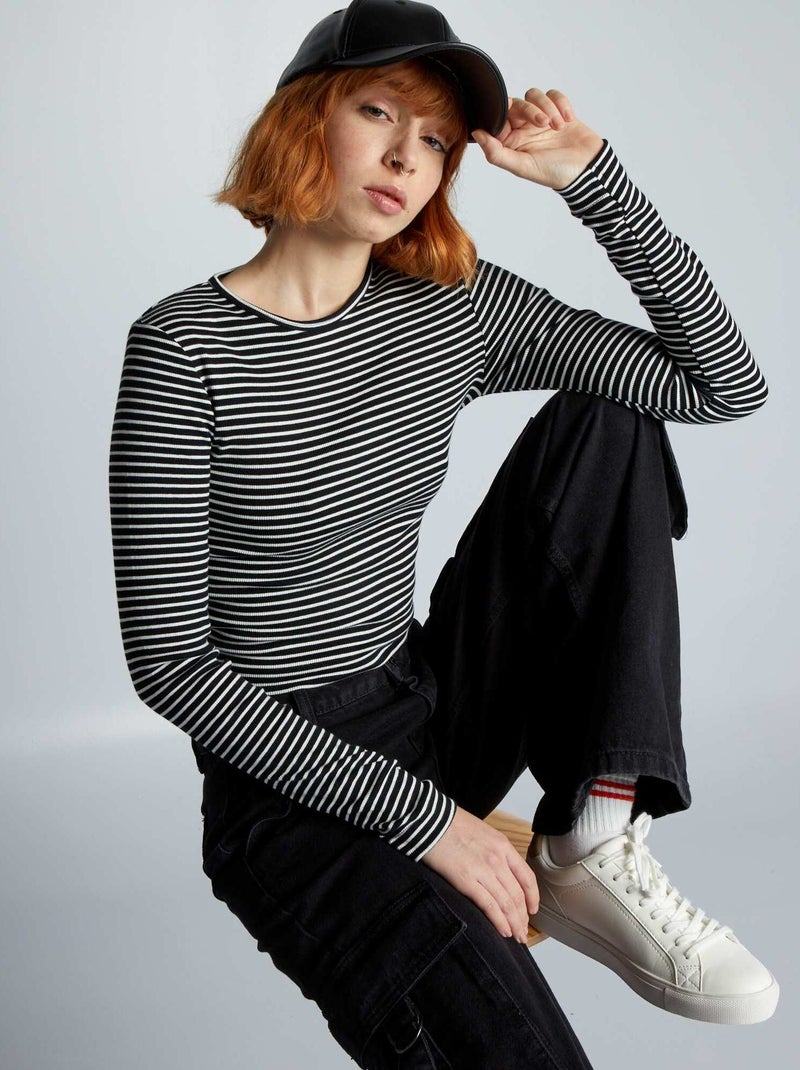Crop-top côtelé à rayures Noir/blanc - Kiabi
