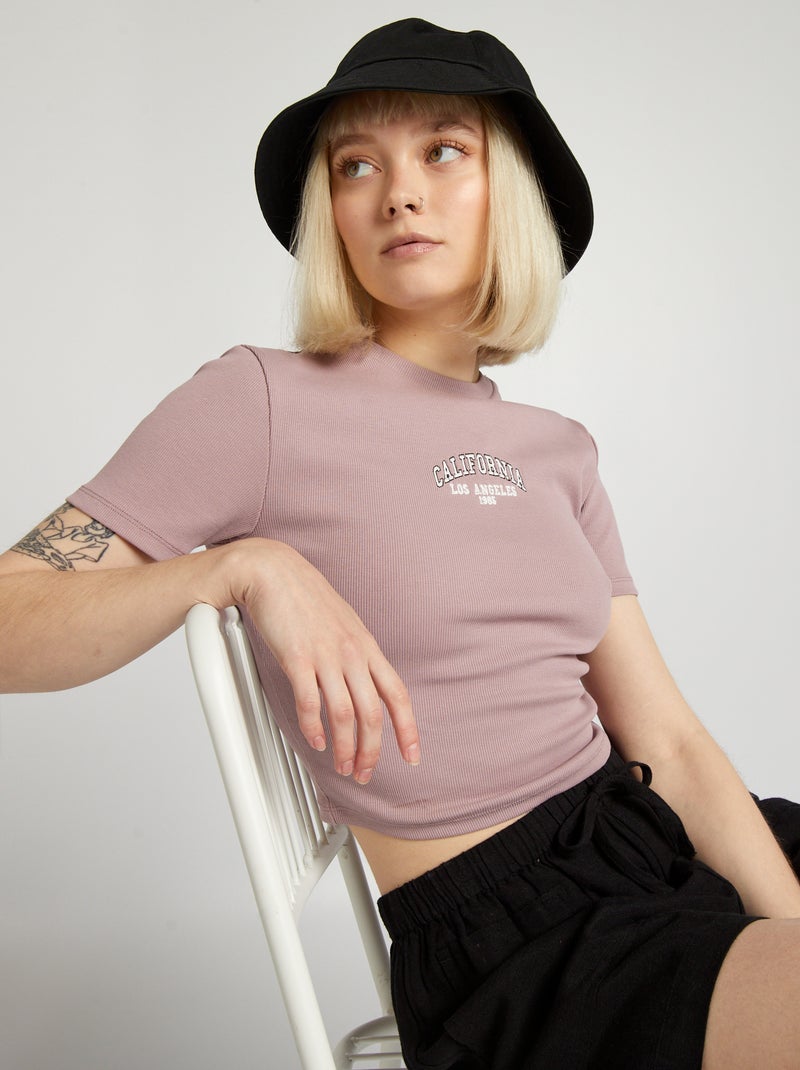 Crop-top côtelé uni 'California' Rose - Kiabi