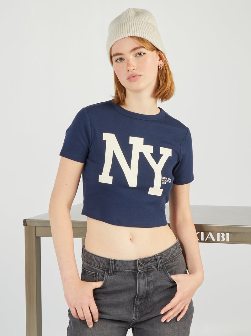 Crop top en jersey stretch 'NYC' Bleu marine - Kiabi