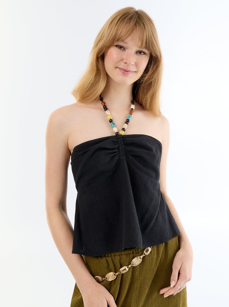 Crop top en lin mélangé avec perles Noir - Kiabi