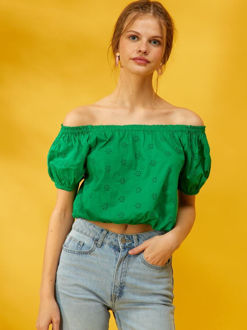 Crop-top fantaisie avec broderie Vert - Kiabi