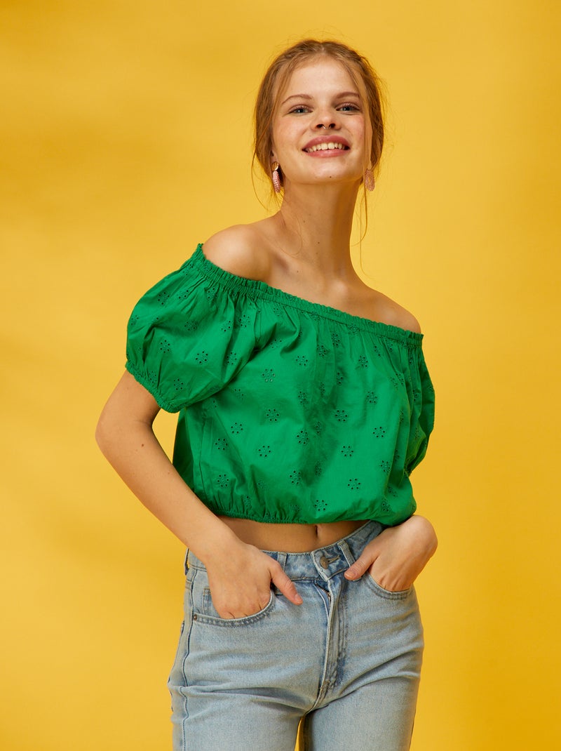 Crop-top fantaisie avec broderie Vert - Kiabi