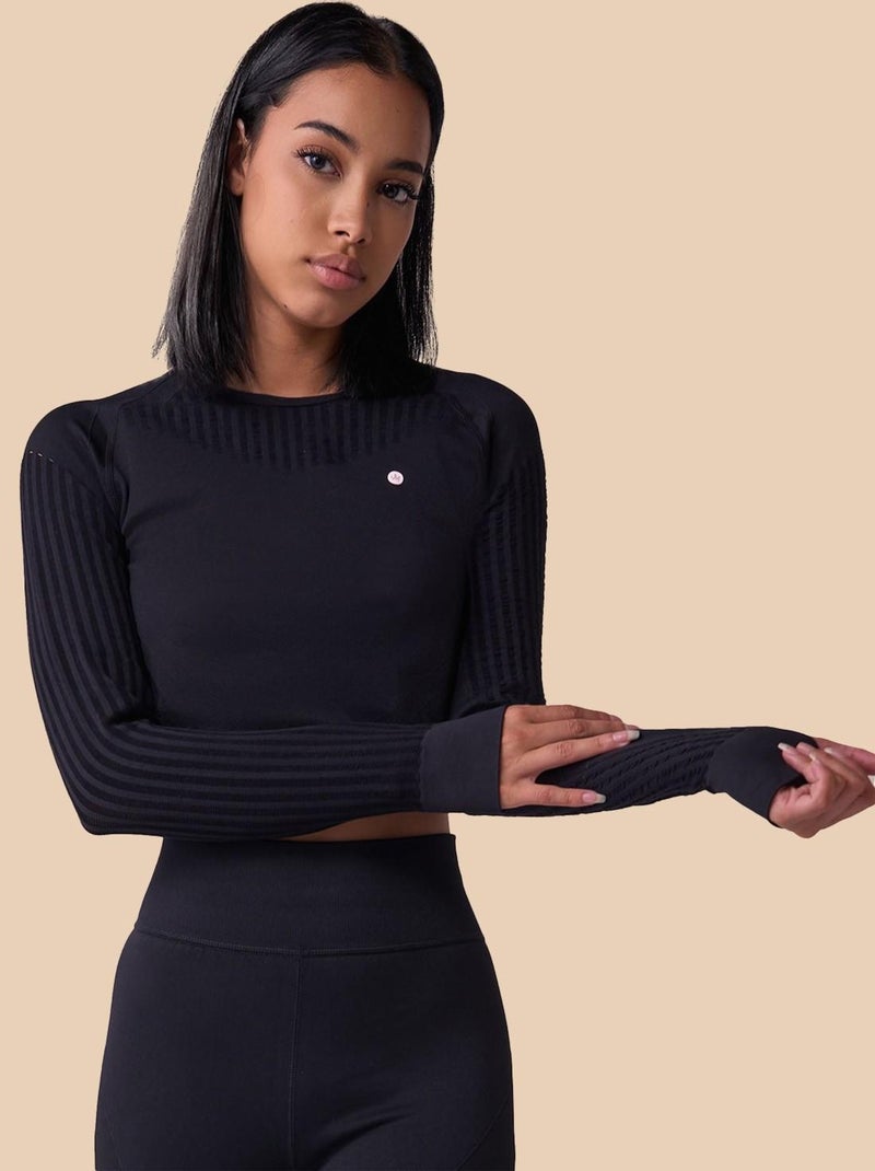 Crop top sans coutures Manches longues Femme Fitness, Alisha Noir Noir - Kiabi