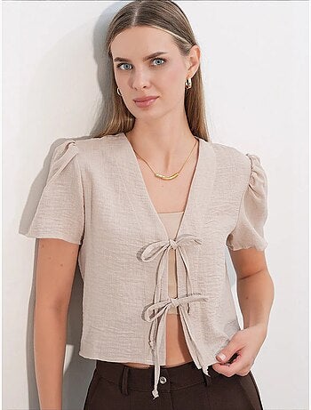 Crop top texturé en mélange de lin à col en v bdart