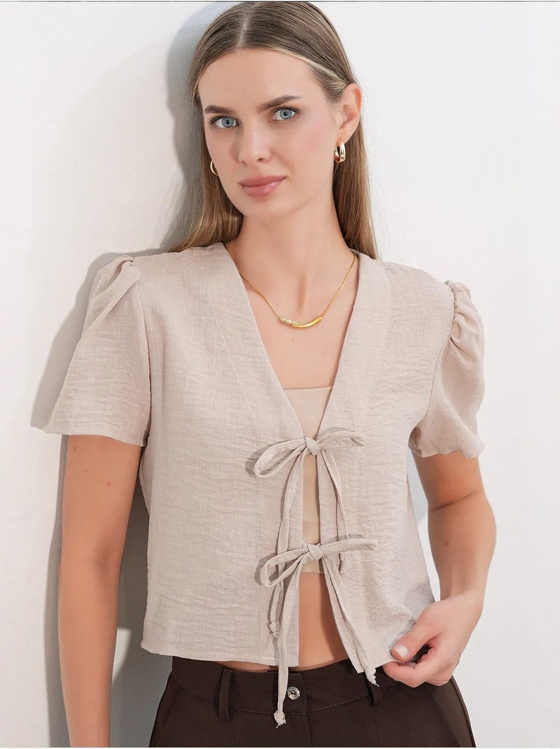 Crop top texturé en mélange de lin à col en v bdart Beige argile - Kiabi