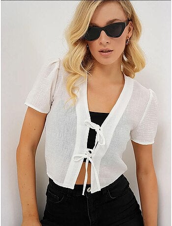 Crop top texturé en mélange de lin à col en v bdart