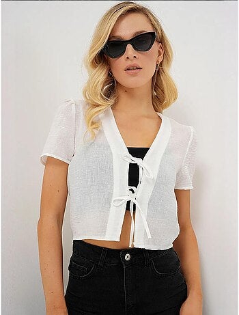 Crop top texturé en mélange de lin à col en v bdart
