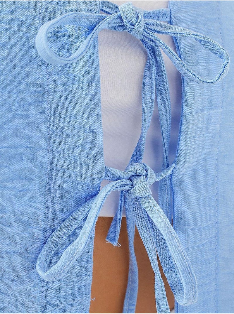 Crop top texturé en mélange de lin à col en v bdart Bleu clair - Kiabi