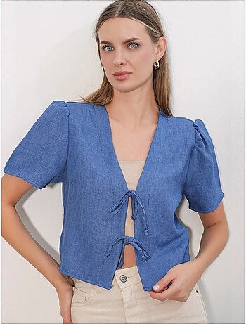 Crop top texturé en mélange de lin à col en v bdart