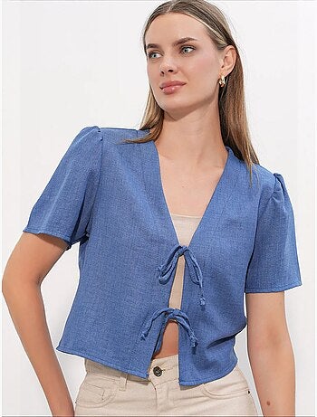 Crop top texturé en mélange de lin à col en v bdart