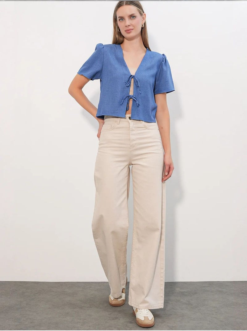 Crop top texturé en mélange de lin à col en v bdart Bleu - Kiabi
