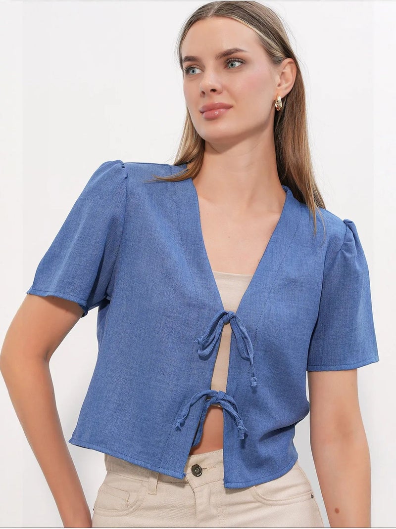 Crop top texturé en mélange de lin à col en v bdart Bleu - Kiabi