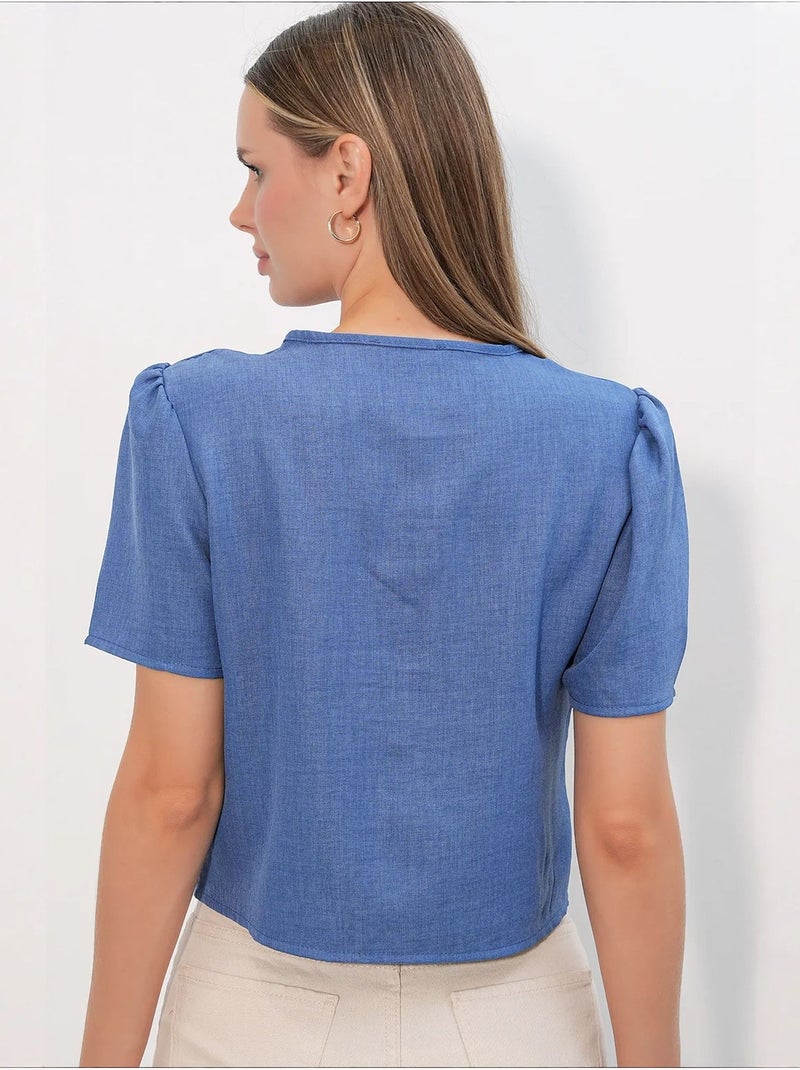 Crop top texturé en mélange de lin à col en v bdart Bleu - Kiabi