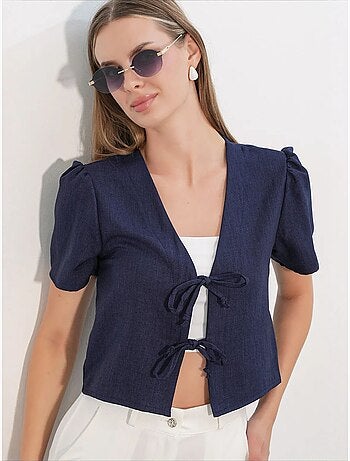 Crop top texturé en mélange de lin à col en v bdart