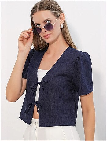 Crop top texturé en mélange de lin à col en v bdart