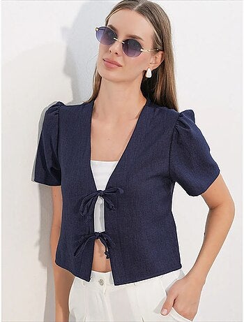 Crop top texturé en mélange de lin à col en v bdart
