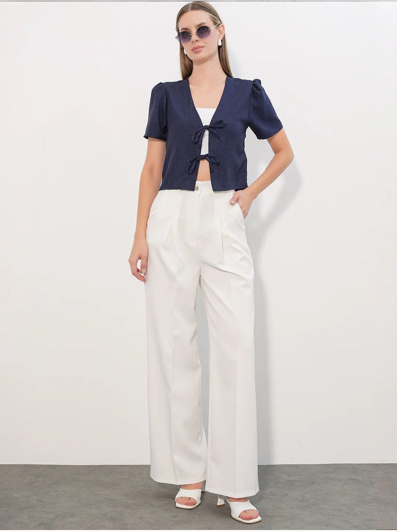 Crop top texturé en mélange de lin à col en v bdart Bleu marine - Kiabi
