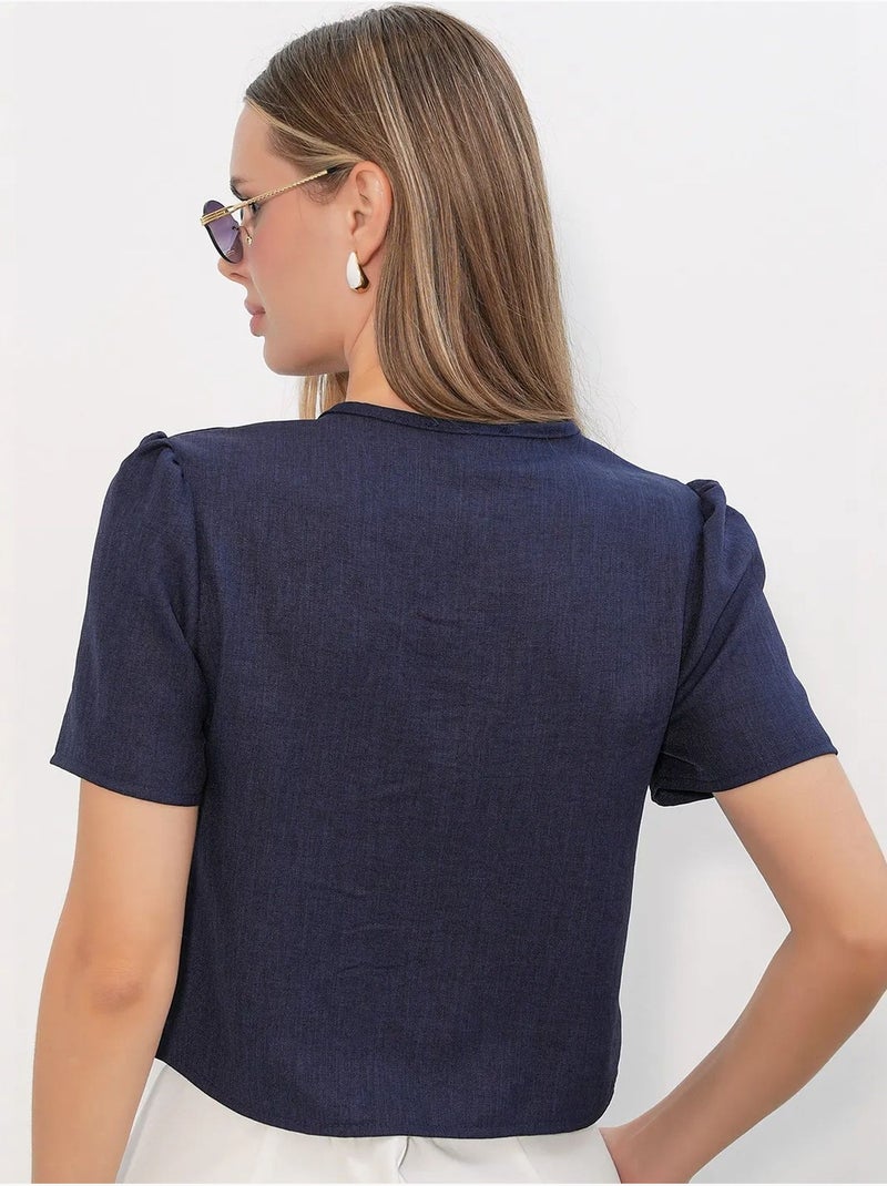 Crop top texturé en mélange de lin à col en v bdart Bleu marine - Kiabi