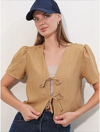 Crop top texturé en mélange de lin à col en v bdart