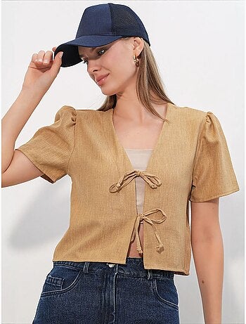 Crop top texturé en mélange de lin à col en v bdart