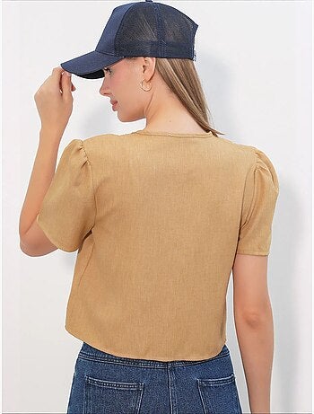 Crop top texturé en mélange de lin à col en v bdart