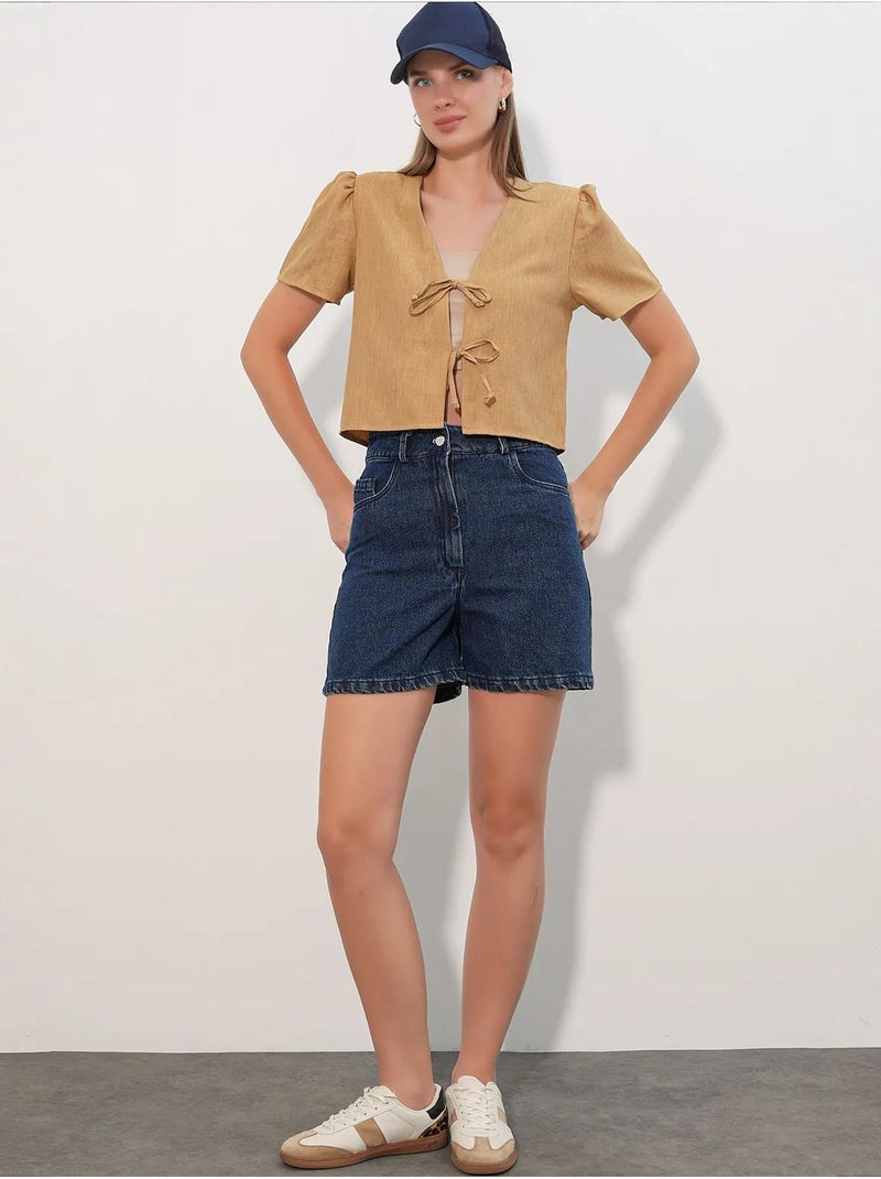Crop top texturé en mélange de lin à col en v bdart Camel - Kiabi