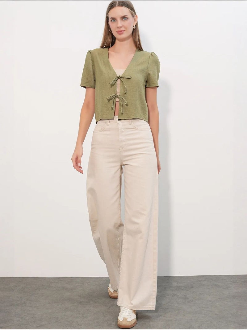 Crop top texturé en mélange de lin à col en v bdart Kaki - Kiabi