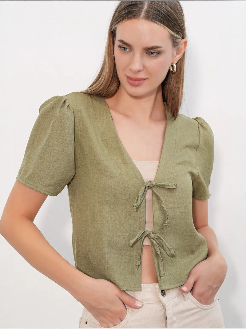 Crop top texturé en mélange de lin à col en v bdart Kaki - Kiabi
