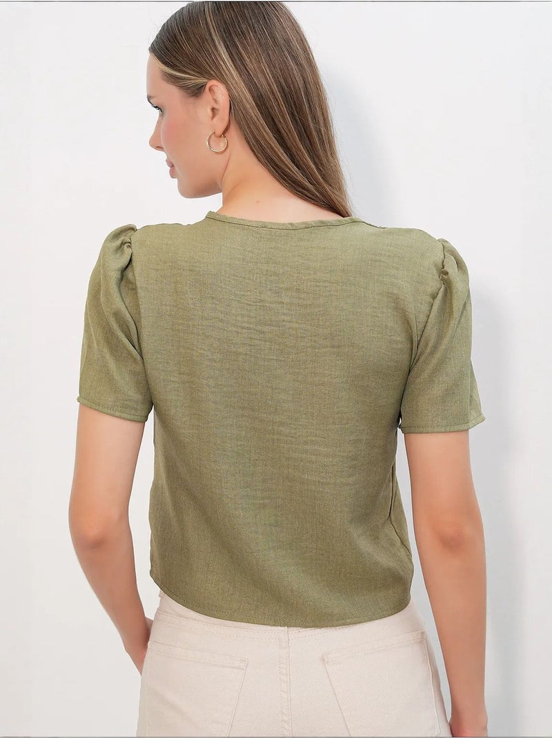 Crop top texturé en mélange de lin à col en v bdart Kaki - Kiabi