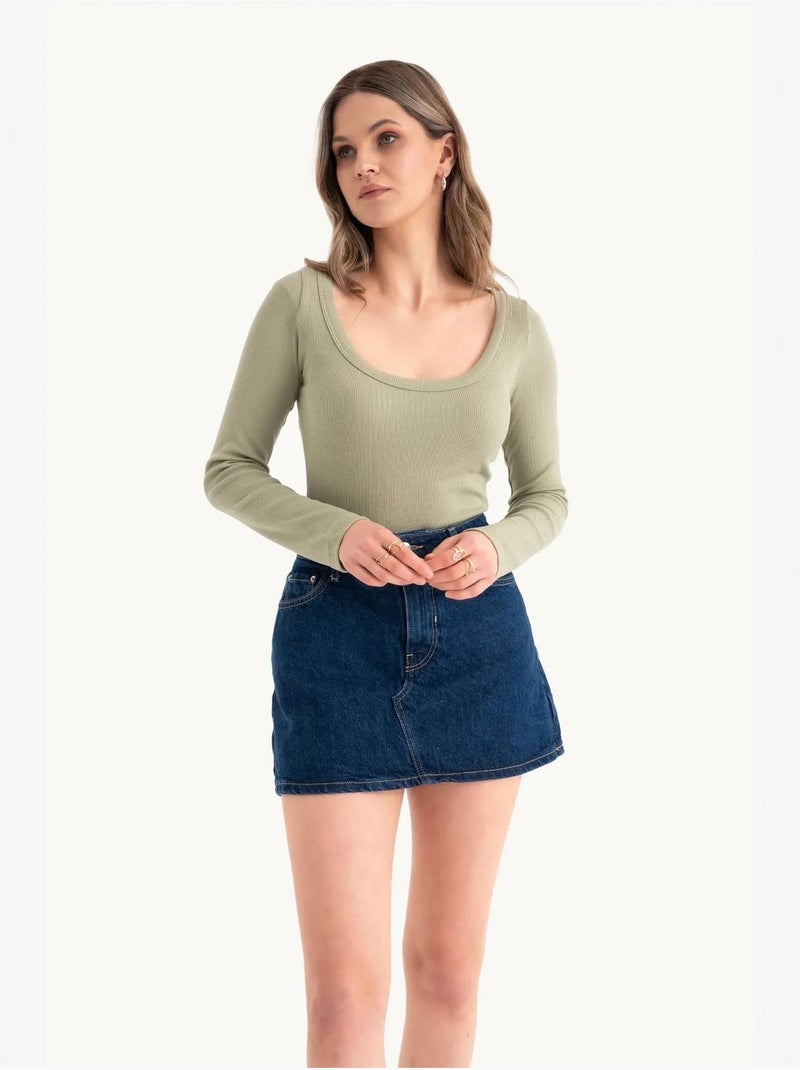 Croptop basique en coton à manches longues Vert - Kiabi