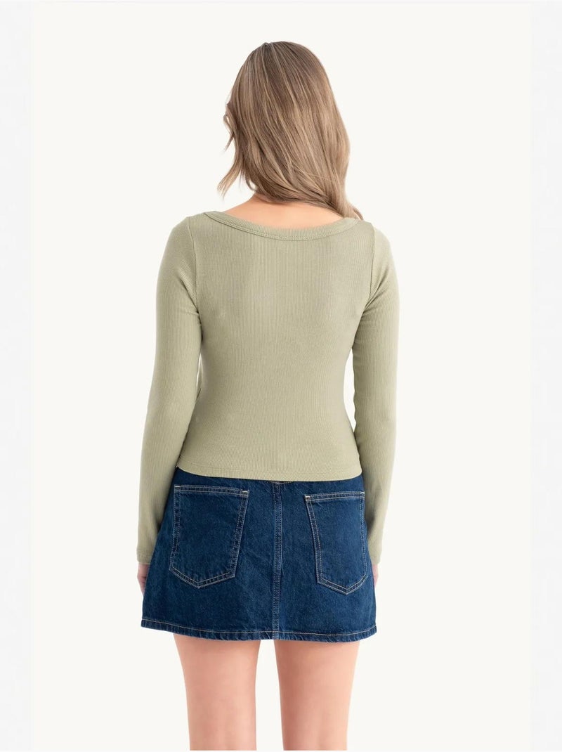 Croptop basique en coton à manches longues Vert - Kiabi